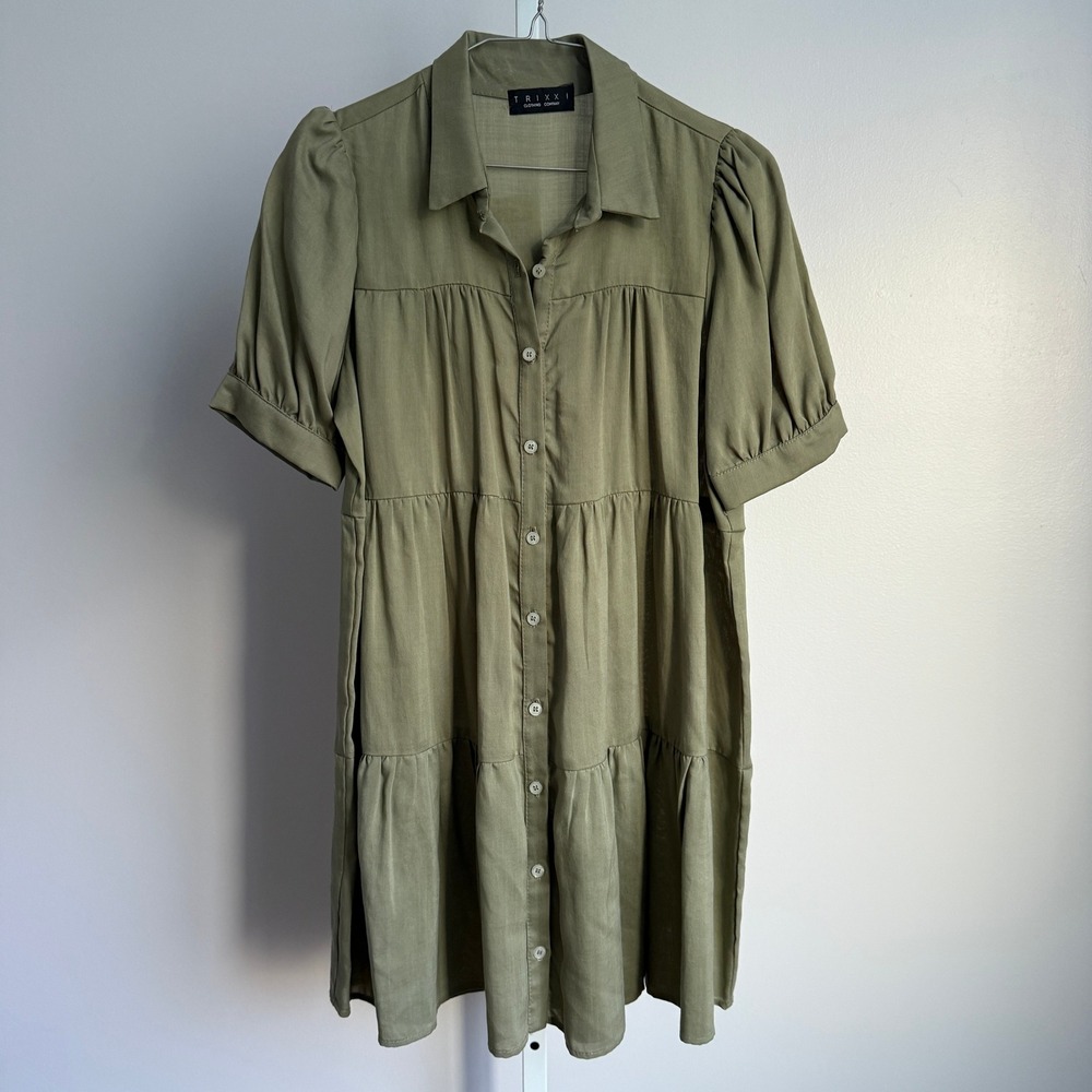 Trixxi Tiered Mini Dress - Button Front, Puff Sleeve, Casual -‎ sz S
